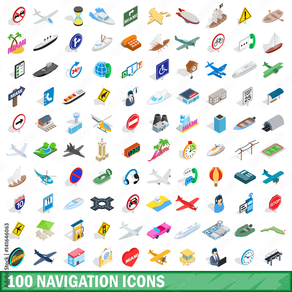 Wall mural 100 navigation icons set, isometric 3d style