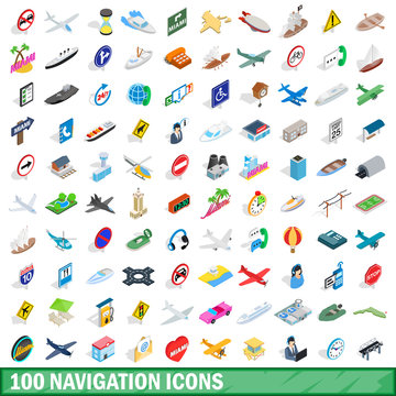 100 navigation icons set, isometric 3d style