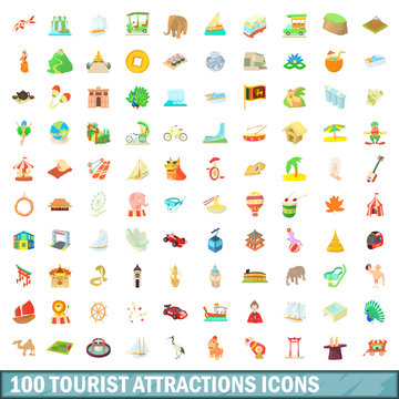 100 tourist attraction icons set, cartoon style
