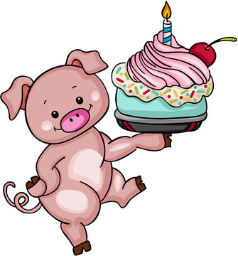 Cute Pig Holding Birthday Cake