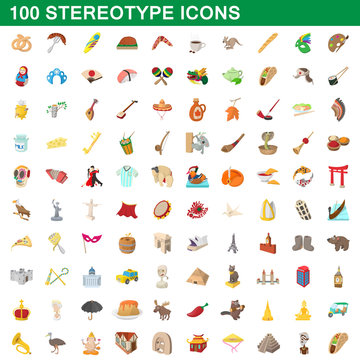 100 stereotype icons set, cartoon style