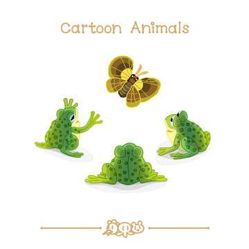 Toons series cartoon animals: toads and green butterfly
