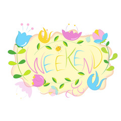 Vector illustration with hand-drawn flowers and Hello weekend lettering