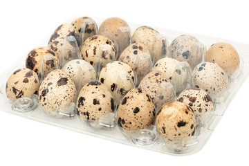 Obraz premium Quail eggs in a plastic container Isolated on white background
