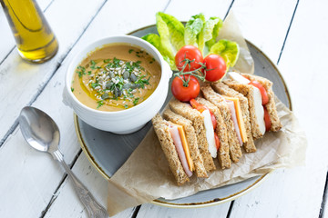 lunch dinner plate fresh cut sandwich ham cheese cup bowl vegetable creamy soup garnish seeds