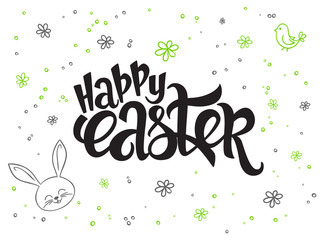 vector hand lettering greetings text - happy easter with doodle flowers, rabbit and bubbles