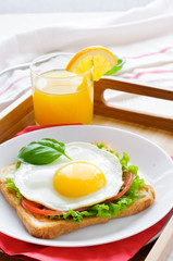 Toast with fried egg, and orange juice