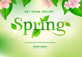 Spring lettering on natural green background with blossoming flowers.Spring sale.Vector illustration EPS10