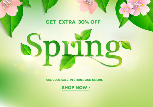 Spring lettering on natural green background with blossoming flowers.Spring sale.Vector illustration EPS10