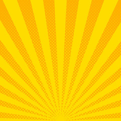 Yellow sunbeams halftone background. Vector illustration.