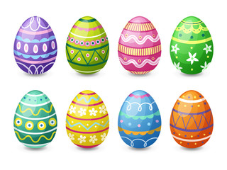 Set of eight colorful Easter eggs. Isolated on white background. Vector illustration.