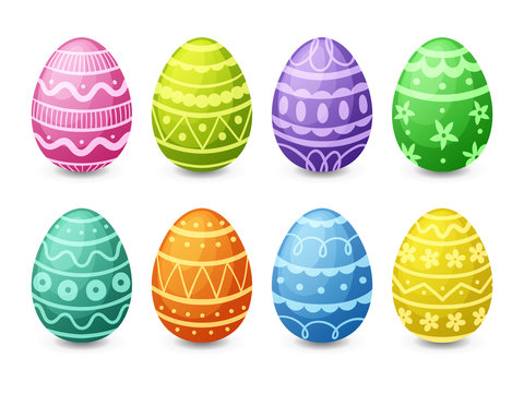 Set of eight Easter eggs. Isolated on white background. Vector illustration.