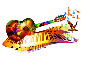 Colorful music background with guitar, piano, birds and music notes