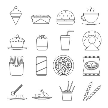 Retro Flat Fast Food Icons line art symbols Set Vector Illustration