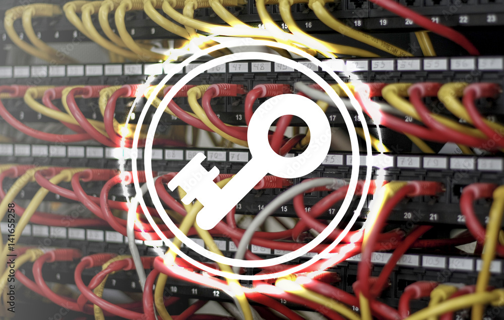 Poster data security. key button on virtual screen. server insurance. business safety web database access c