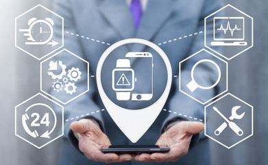Repair service mobile devices. Repairer offers icon location smartphone smartwatch on virtual...