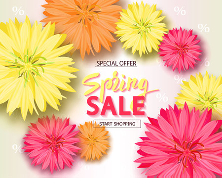 Spring sale background with flowers. Season discount banner. Vector illustration ,template. Wallpaper, flyers, invitation, posters, brochure