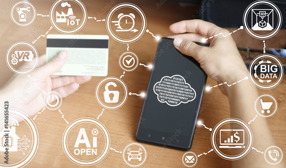 Poster digital binary cloud industry 4.0 integration concept. smartphone in hand with icon cloud 0 1 on vir