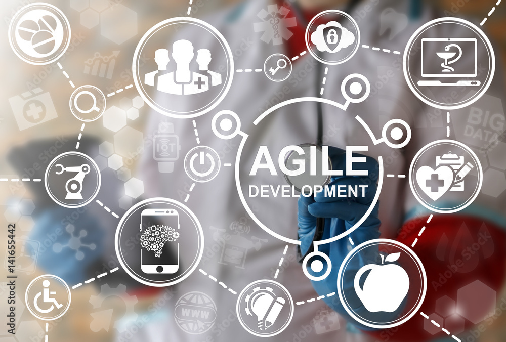 Poster concept of agile development of medicine. flexibility developing in healthcare with computer, mobile