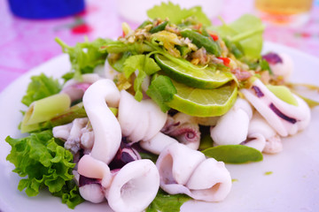 Thai food. Spicy yum squid salads.