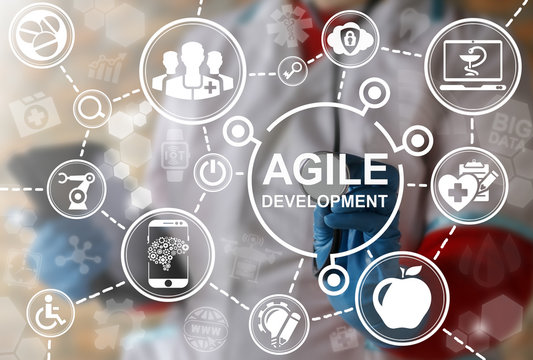Concept of agile development of medicine. Flexibility developing in healthcare with computer, mobile devices. Medical computing technology. Doctor touched icon a flexible develop on virtual screen.