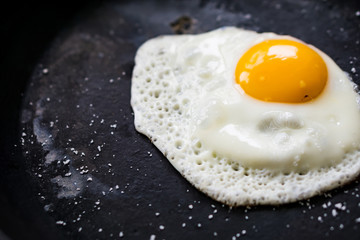 Closeup chips are down egg in a black cast-iron pan, without oil, sprinkled with salt. Concept health.