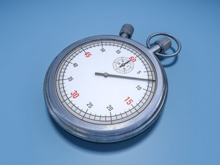 Realistic Classic Stopwatch on blue background. 3d rendering