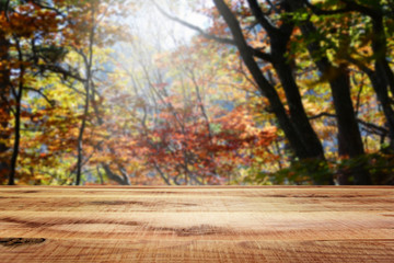 Naklejka na ściany i meble Wooden table and blur autumn background.