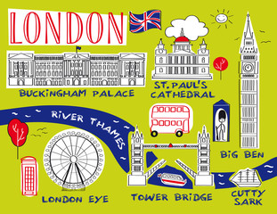 London, Wahrzeichen, Sehenswürdigkeiten grüner Hintergrund - obrazy, fototapety, plakaty