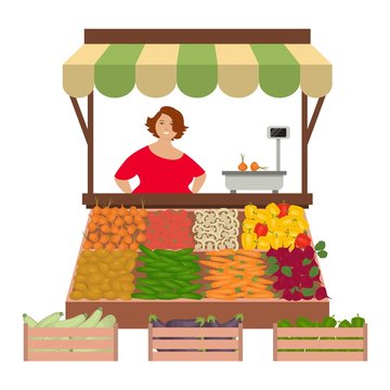 Seller woman on the market. There is a counter, scales and vegetables: cucumbers. tomatoes, onions, potatoes, carrots, beets, sweet peppers, eggplant and zucchini in the picture. Vector illustration.