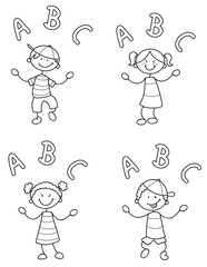 Vier Strichmännchen Kinder jonglieren mit Buchstaben Vektor Illustration