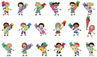 Set bestehend aus vielen Strichmännchen Kindern mit Schultüten Vektor Illustration