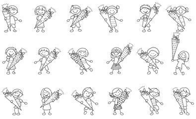 Fototapeta na wymiar Set bestehend aus vielen Strichmännchen Kindern mit Schultüten Vektor Illustration