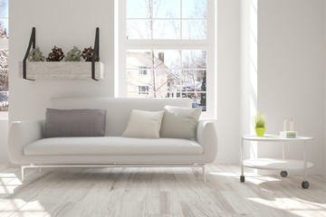 White room with sofa and winter landscape in window. Scandinavian interior design. 3D illustration