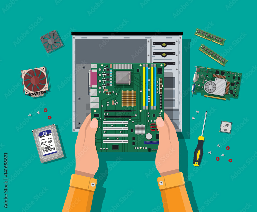 Poster assembling pc. personal computer hardware.
