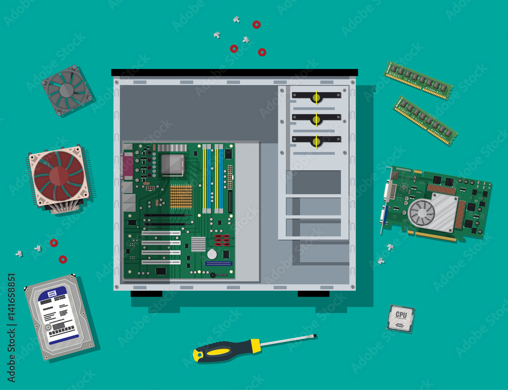 Poster assembling pc. personal computer hardware.
