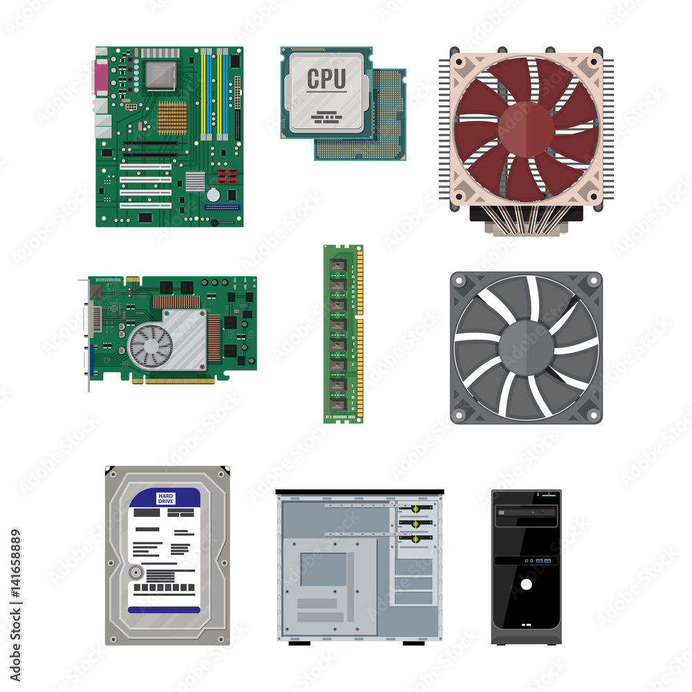 Poster assembling pc. personal computer hardware.