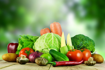 Vegetables on wooden and blur background.