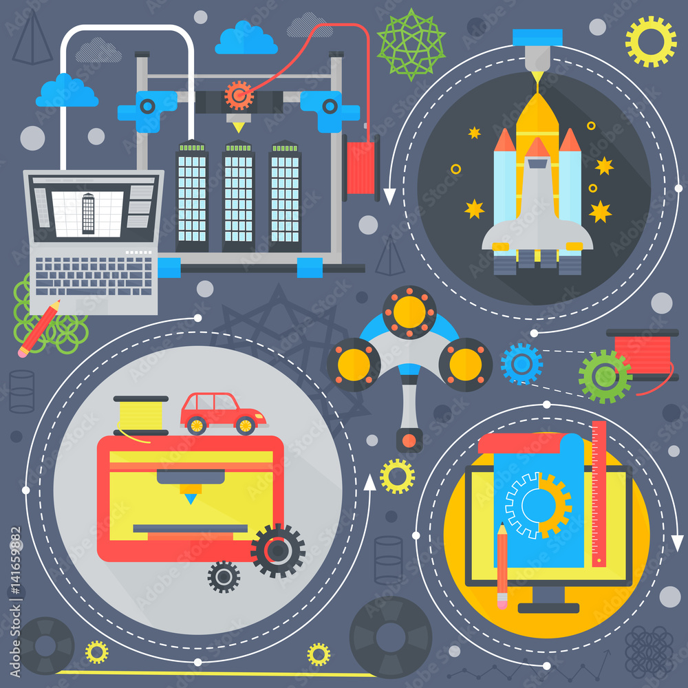 Poster 3d technology flat concept galaxy 3d printing and 3d scanning flat icons infographics design web ele