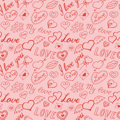 Seamless pattern of hearts and handwriting. valentines day