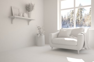 White room with armchair and winter landscape in window. Scandinavian interior design. 3D illustration