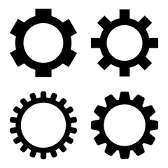 Gearwheel icon set. Flat black symbol collection. Pictograms are isolated on a white.