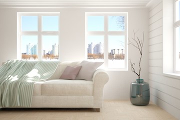 White room with sofa and urban  landscape in window. Scandinavian interior design. 3D illustration