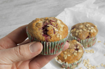 Wholemeal raspberry muffins with banana and oats