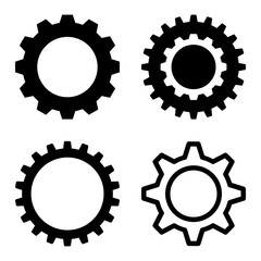 Gearwheel icon set. Flat black symbol collection. Pictograms are isolated on a white.