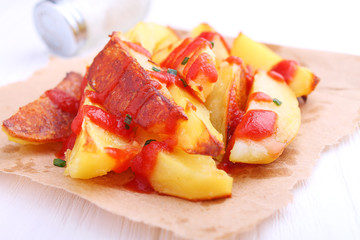 Baked potatoes with ketchup on a white background