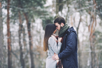 Young couple romancing while standing in forest during winter