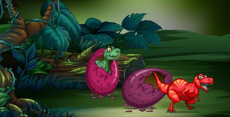 Two dinosaurs hatching eggs in deep forest © GraphicsRF