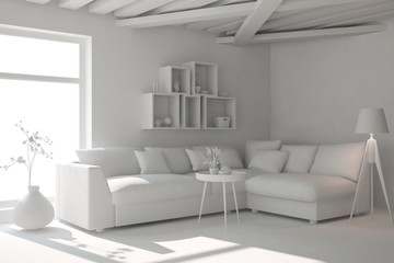 White modern room with sofa. Scandinavian interior design. 3D illustration