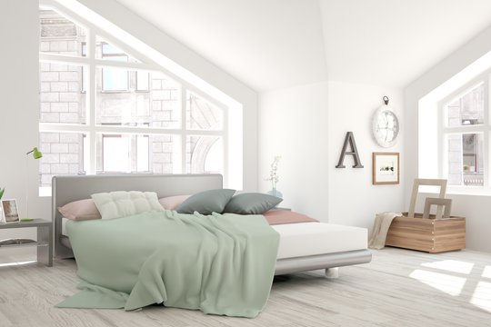 White bedroom with urban  landscape in window. Scandinavian interior design. 3D illustration